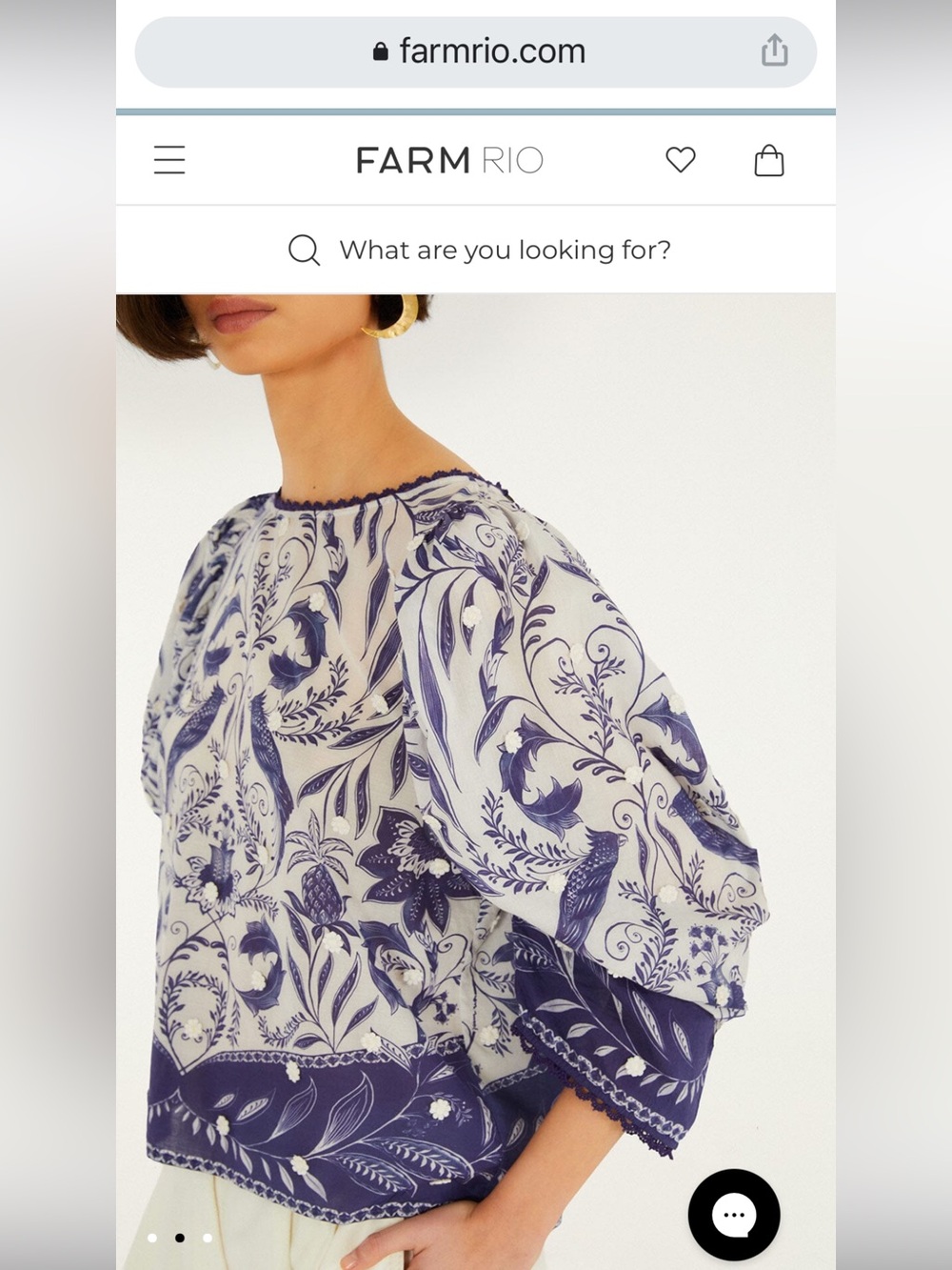 FARM Rio Blue and White Botanical Puff-Sleeve Top - Picture 2 of 7